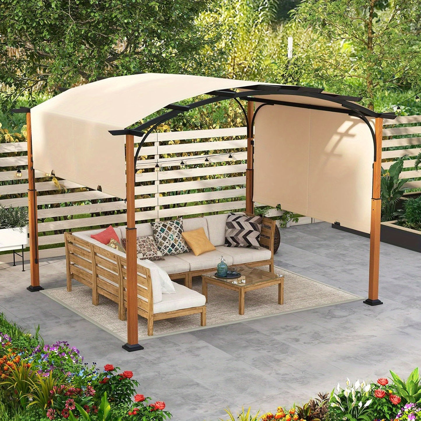 Pergola – Tuinpaviljoen – Overkapping – Prieel – Tuinconstructie – Verstelbaar Oproldak – Robuust Gepoedercoat Metalen Frame – 360x300 cm Beige