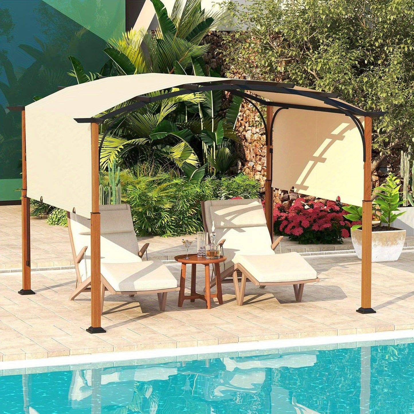 Pergola – Tuinpaviljoen – Overkapping – Prieel – Tuinconstructie – Verstelbaar Oproldak – Robuust Gepoedercoat Metalen Frame – 360x300 cm Beige