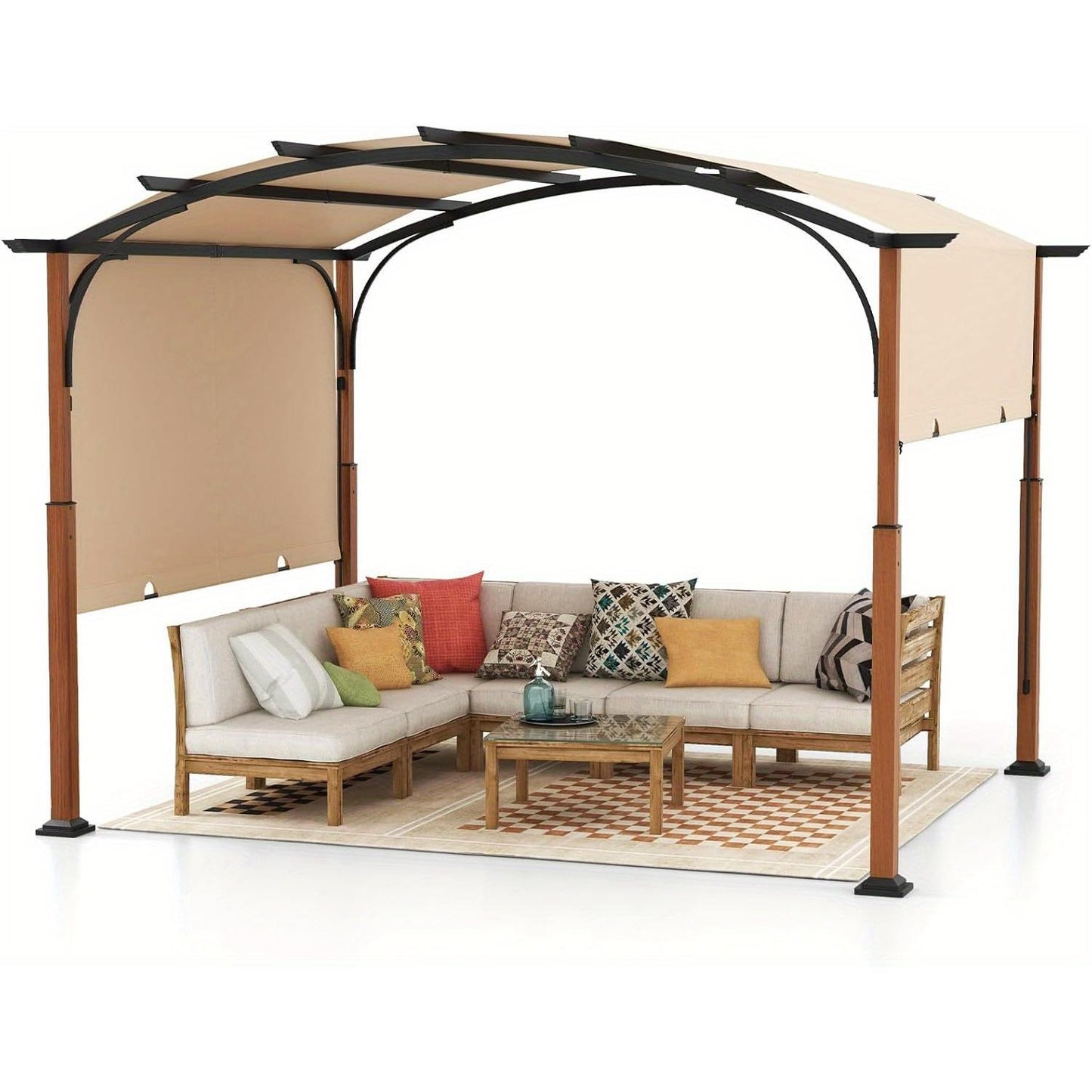 Pergola – Tuinpaviljoen – Overkapping – Prieel – Tuinconstructie – Verstelbaar Oproldak – Robuust Gepoedercoat Metalen Frame – 360x300 cm Beige