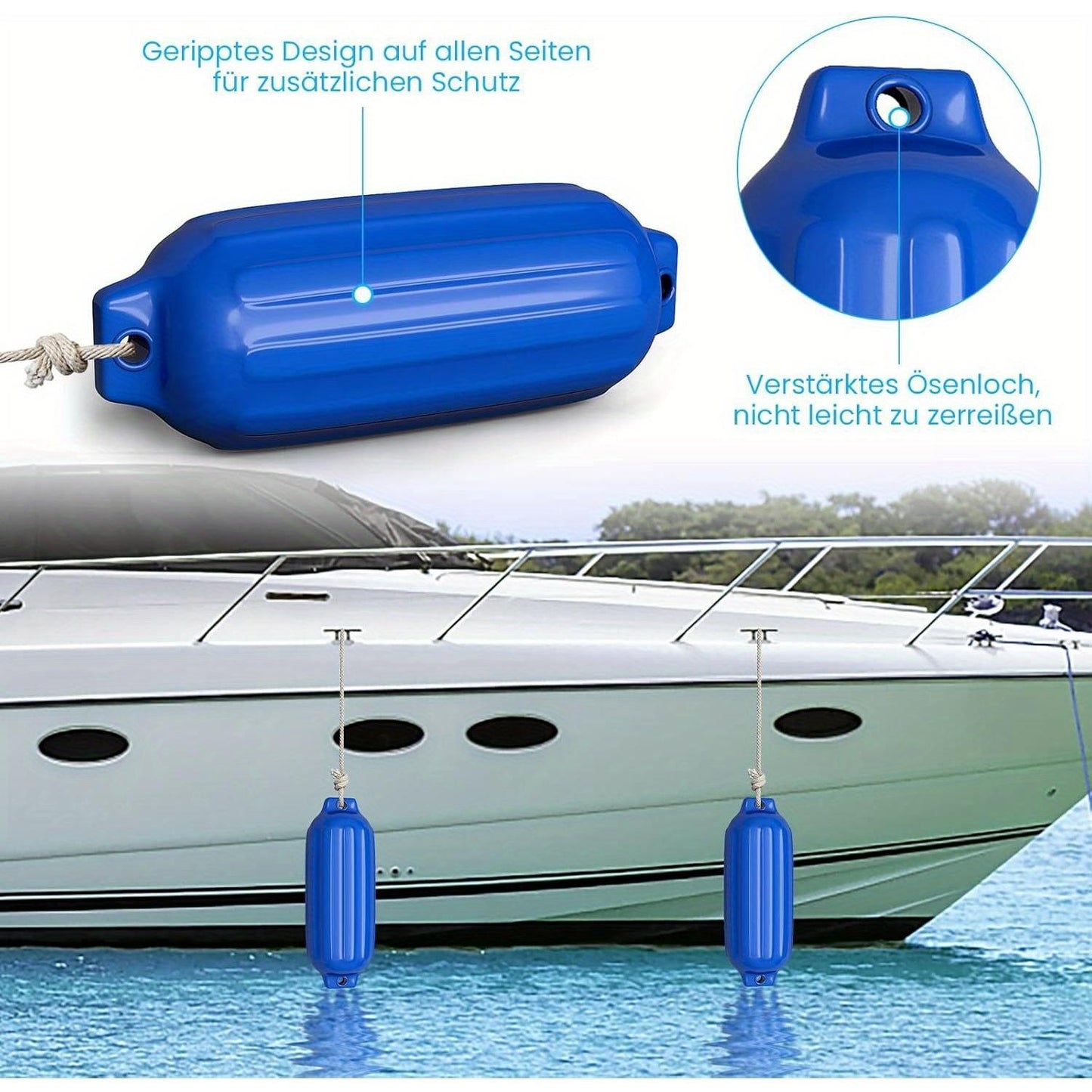 Set Van 4 Bootpadden – Langwerpige Fender – Bal Fender – Bootbumper – Ram Fender – Blauw – 68,5 cm x 21,5 cm – UV-Bestendig PVC – Stootvast