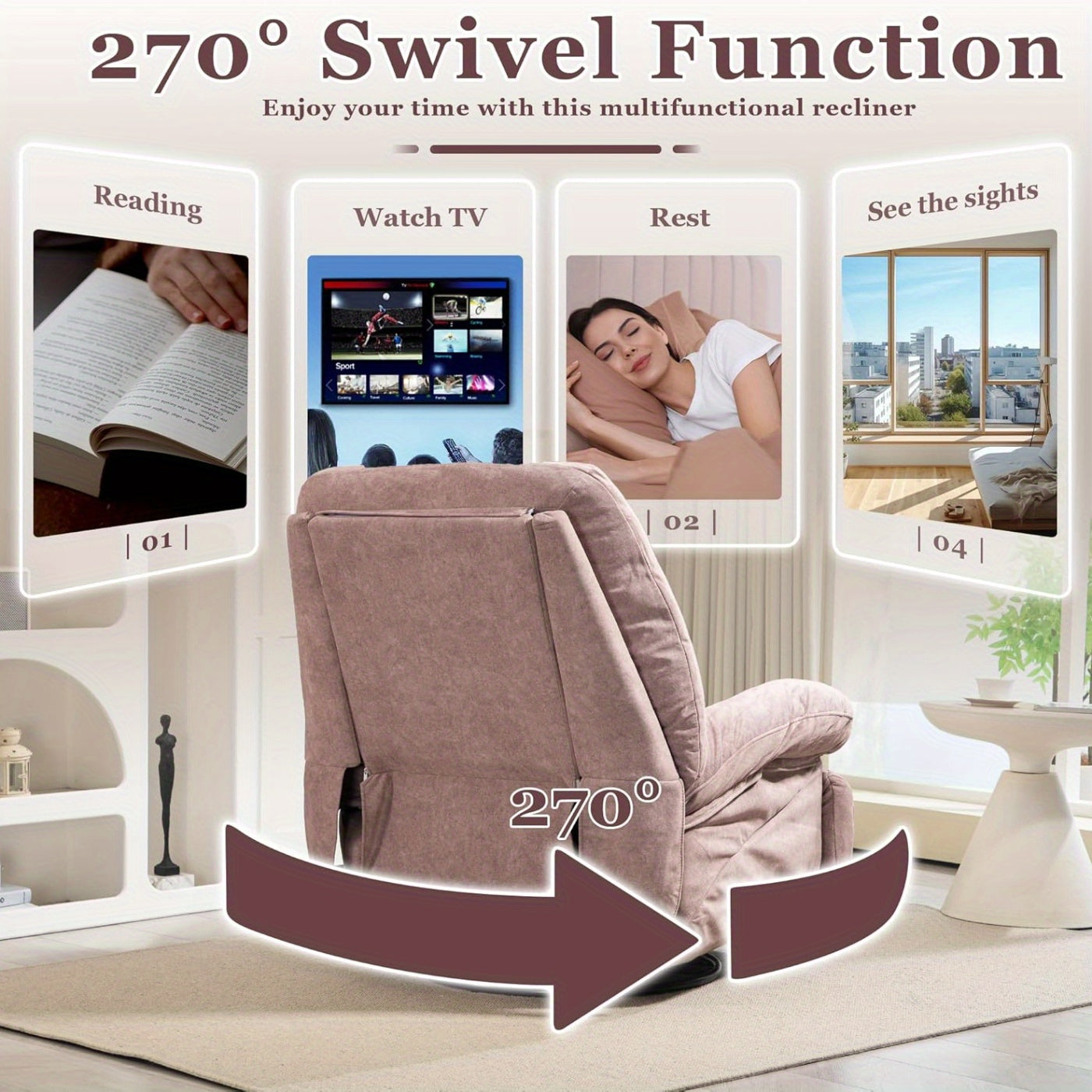 DYHOME Pink Modern Single Lounge Sofa Power Recliner - Swivel Massage Chair with USB Port, Rocking Function, Side Pockets & Storage Bag, Ergonomic Design for Living Room or Bedroom, Durable Polyester Fabric, Easy Assembly, Re