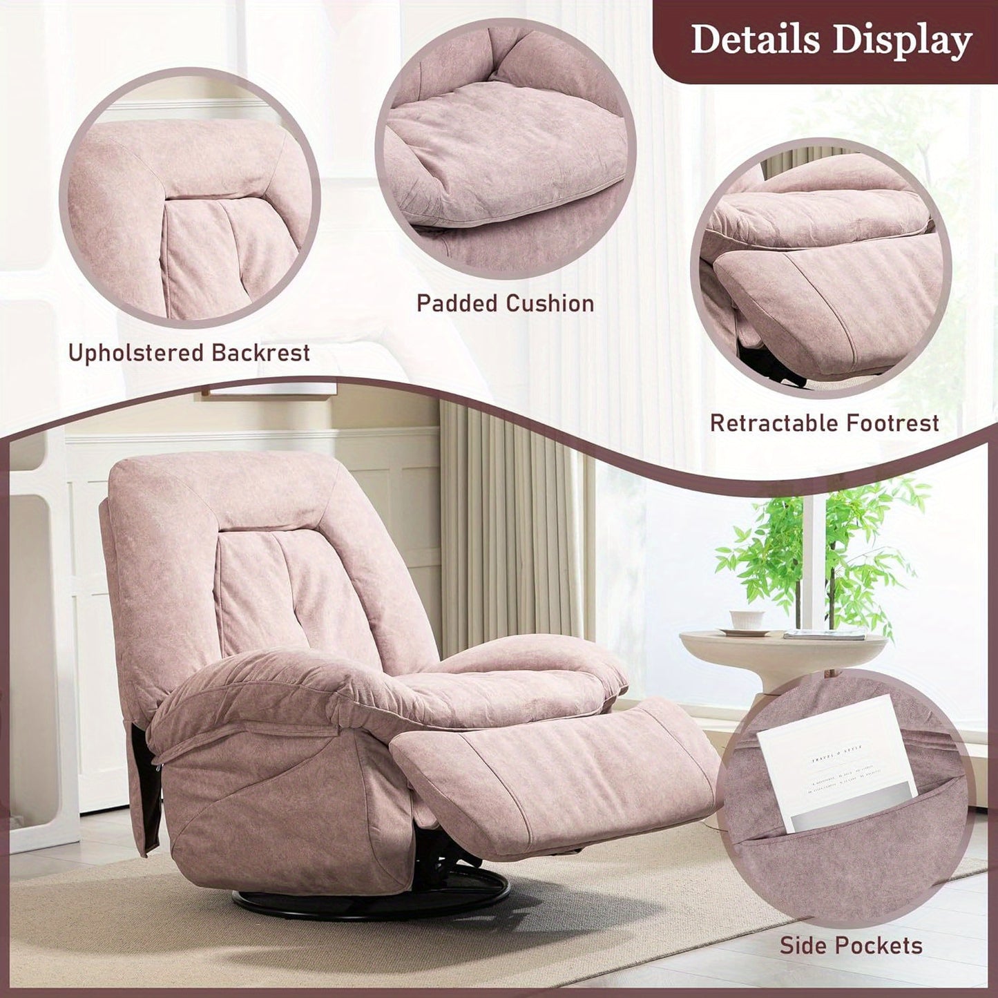 DYHOME Pink Modern Single Lounge Sofa Power Recliner - Swivel Massage Chair with USB Port, Rocking Function, Side Pockets & Storage Bag, Ergonomic Design for Living Room or Bedroom, Durable Polyester Fabric, Easy Assembly, Re