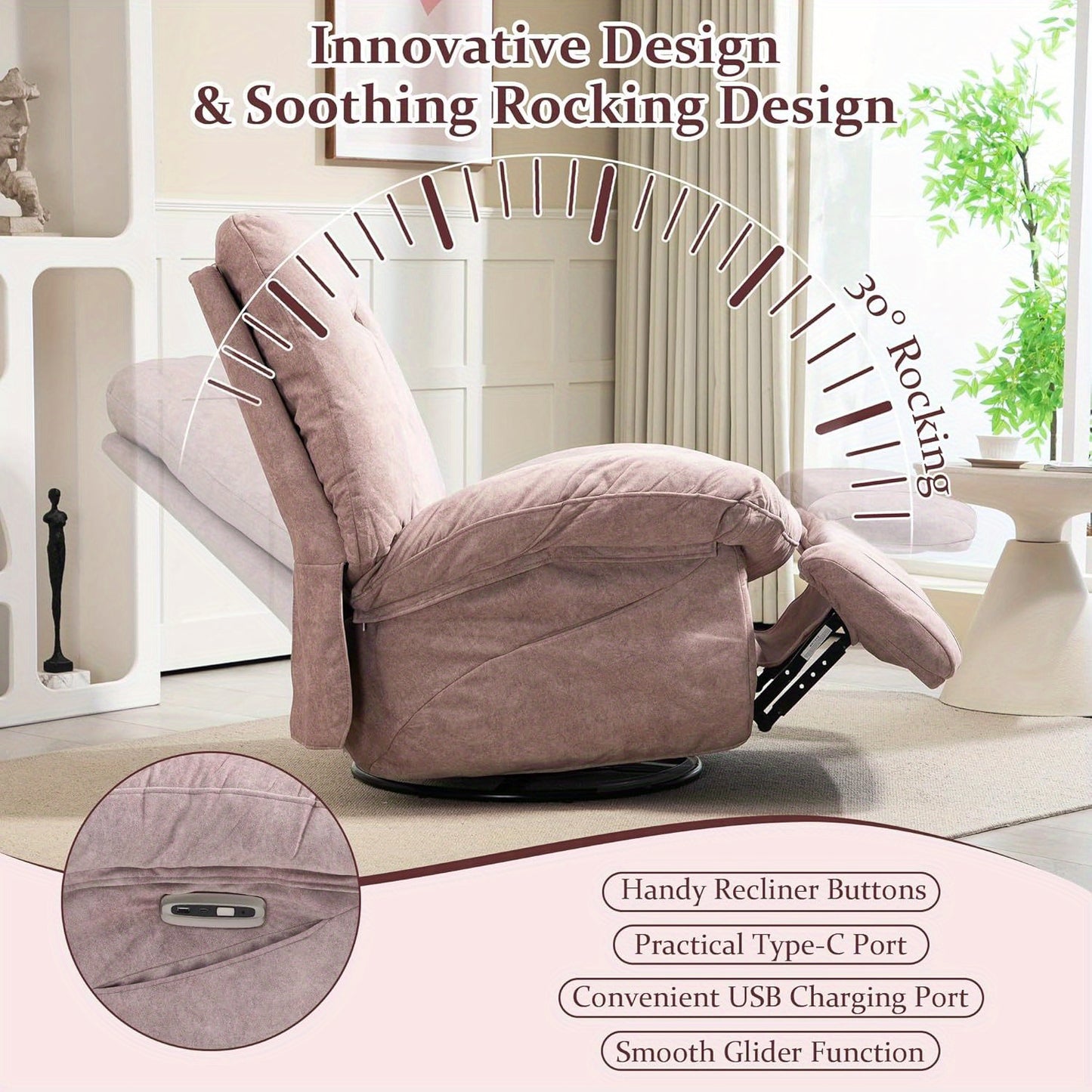 DYHOME Pink Modern Single Lounge Sofa Power Recliner - Swivel Massage Chair with USB Port, Rocking Function, Side Pockets & Storage Bag, Ergonomic Design for Living Room or Bedroom, Durable Polyester Fabric, Easy Assembly, Re
