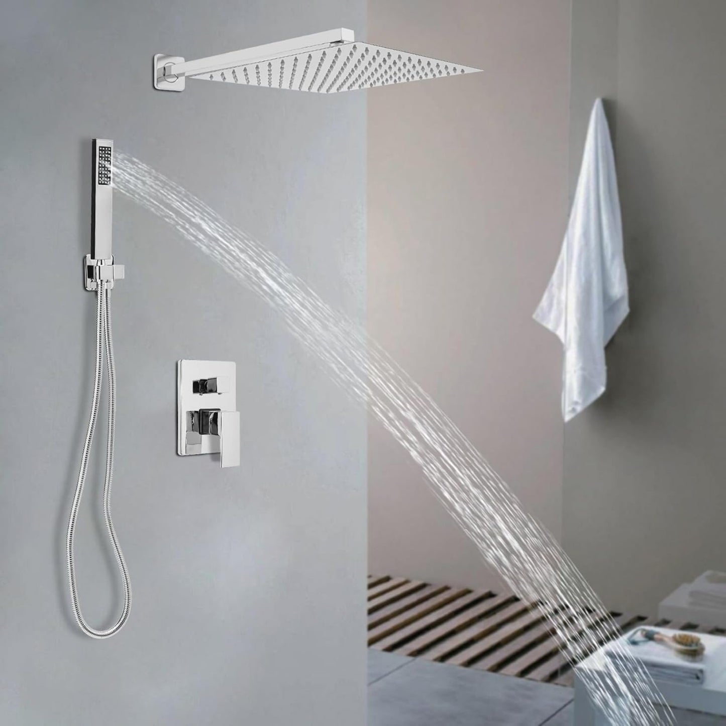 Doucheset – Regendouche – Douchekraan – Douchegarnituur – Handdouche – Wandgemonteerd – 30x30 cm Regendouche – Messing en RVS met Thermostaatkraan