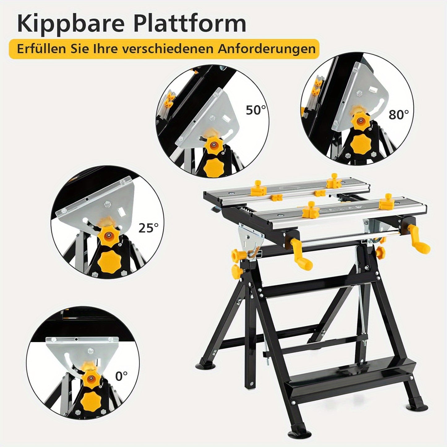 Inklapbare Werkbank – Werktafel – Klusbank – Montagebank – Tafelbank – 7-voudig Verstelbare Hoogte – Kantelbaar Werkblad 0°-80° – Zwart – Aluminium & Metaal