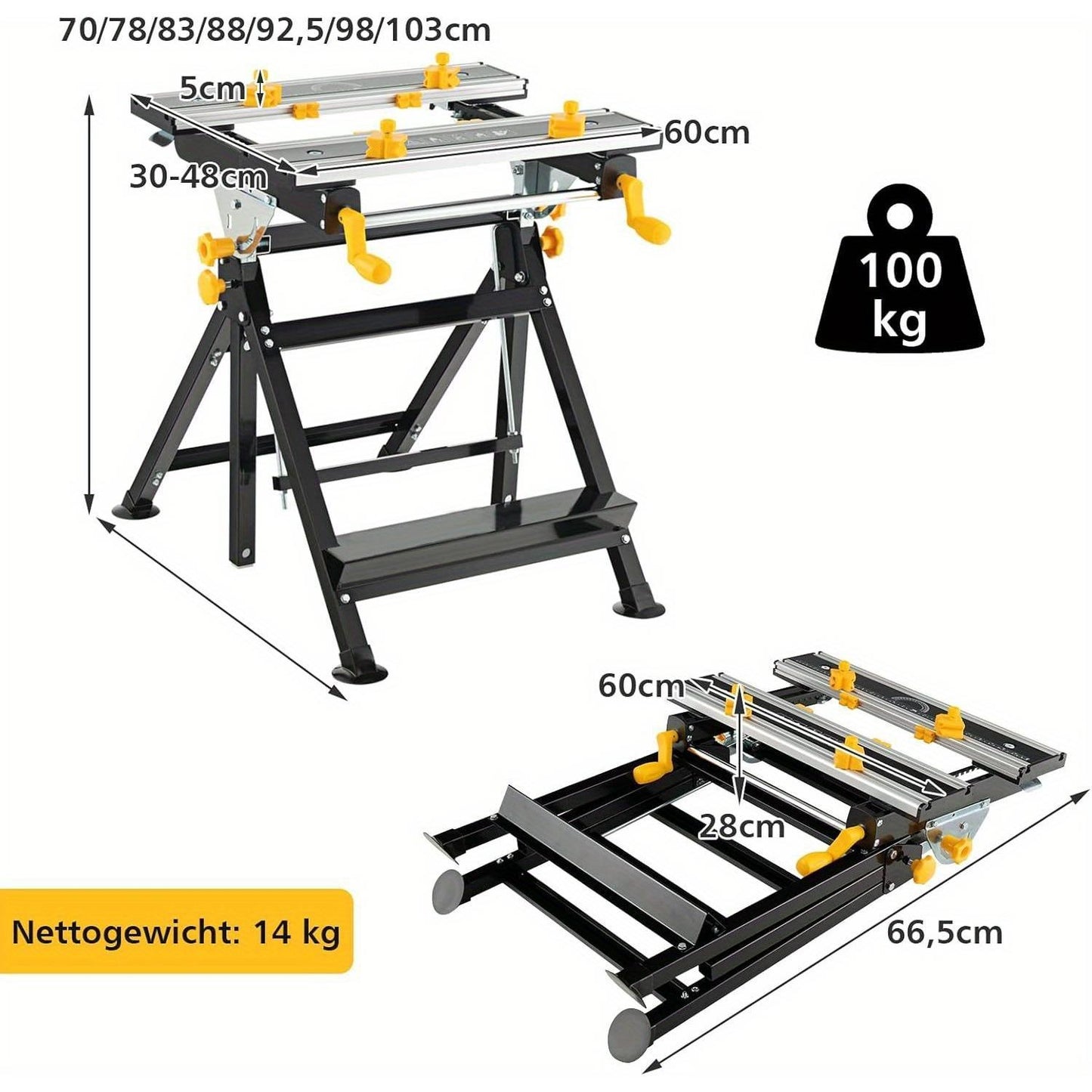 Inklapbare Werkbank – Werktafel – Klusbank – Montagebank – Tafelbank – 7-voudig Verstelbare Hoogte – Kantelbaar Werkblad 0°-80° – Zwart – Aluminium & Metaal