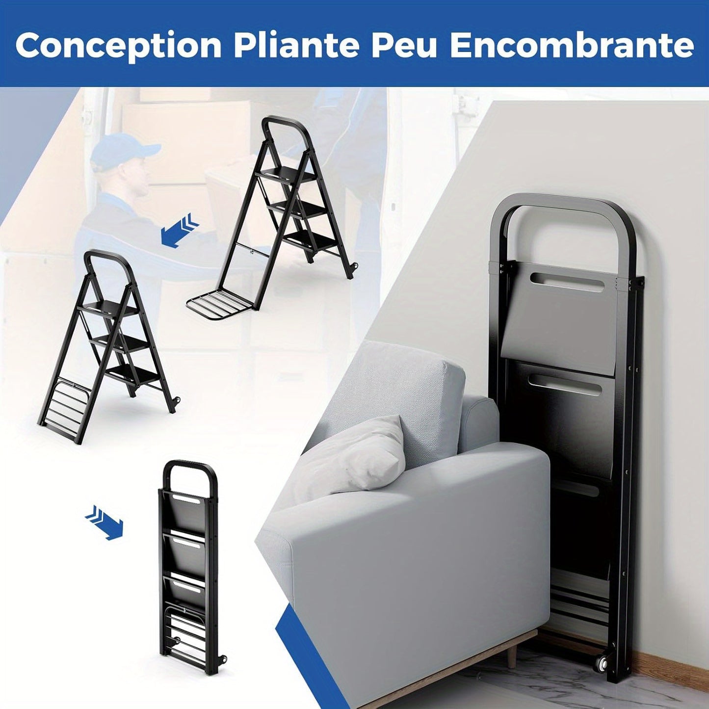 Klapladder – Vouwladder – Trapladder – Huishoudtrap – Transportkar – 3 Treden – Draagvermogen 200 kg – Metaal Zwart