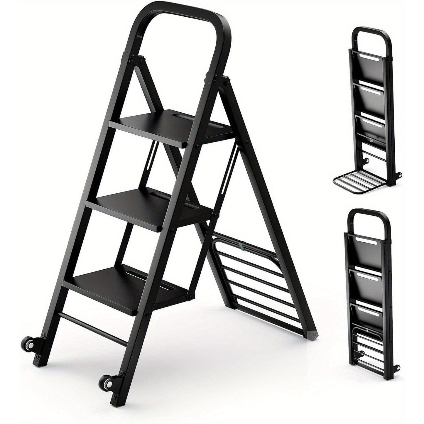 Klapladder – Vouwladder – Trapladder – Huishoudtrap – Transportkar – 3 Treden – Draagvermogen 200 kg – Metaal Zwart