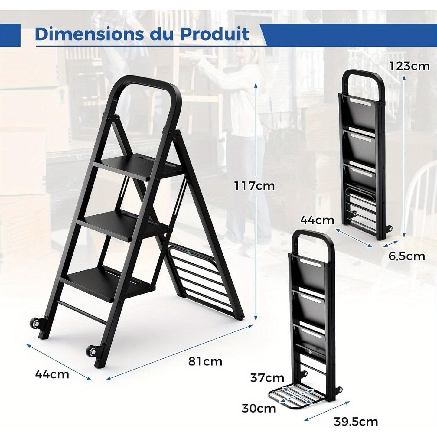 Klapladder – Vouwladder – Trapladder – Huishoudtrap – Transportkar – 3 Treden – Draagvermogen 200 kg – Metaal Zwart