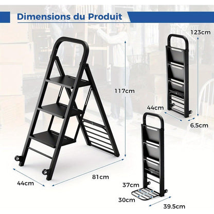 Klapladder – Vouwladder – Trapladder – Huishoudtrap – Transportkar – 3 Treden – Draagvermogen 200 kg – Metaal Zwart