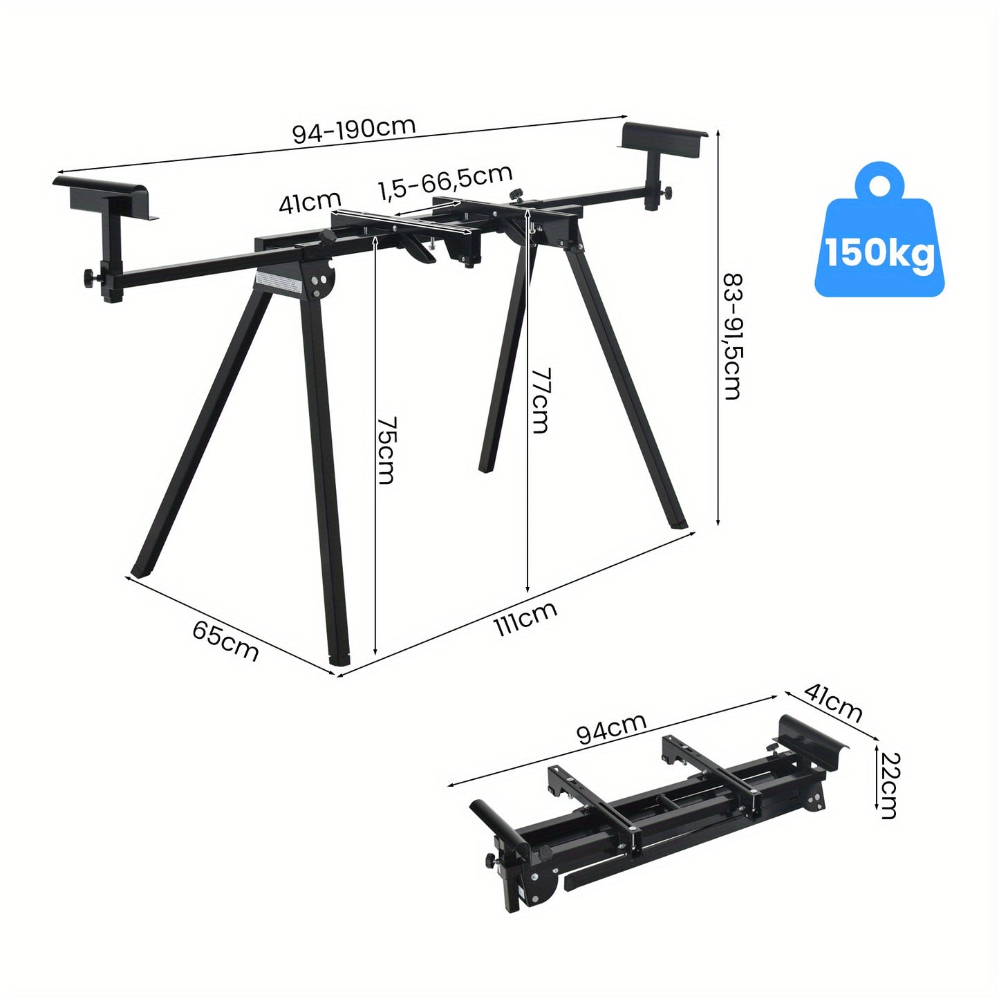 Afkortzaagstandaard – Zaagbok – Verstekzaagstandaard – Zaagtafel – Werkbank – Verstelbare Lengte 94-190 cm – Robuust Stalen Frame