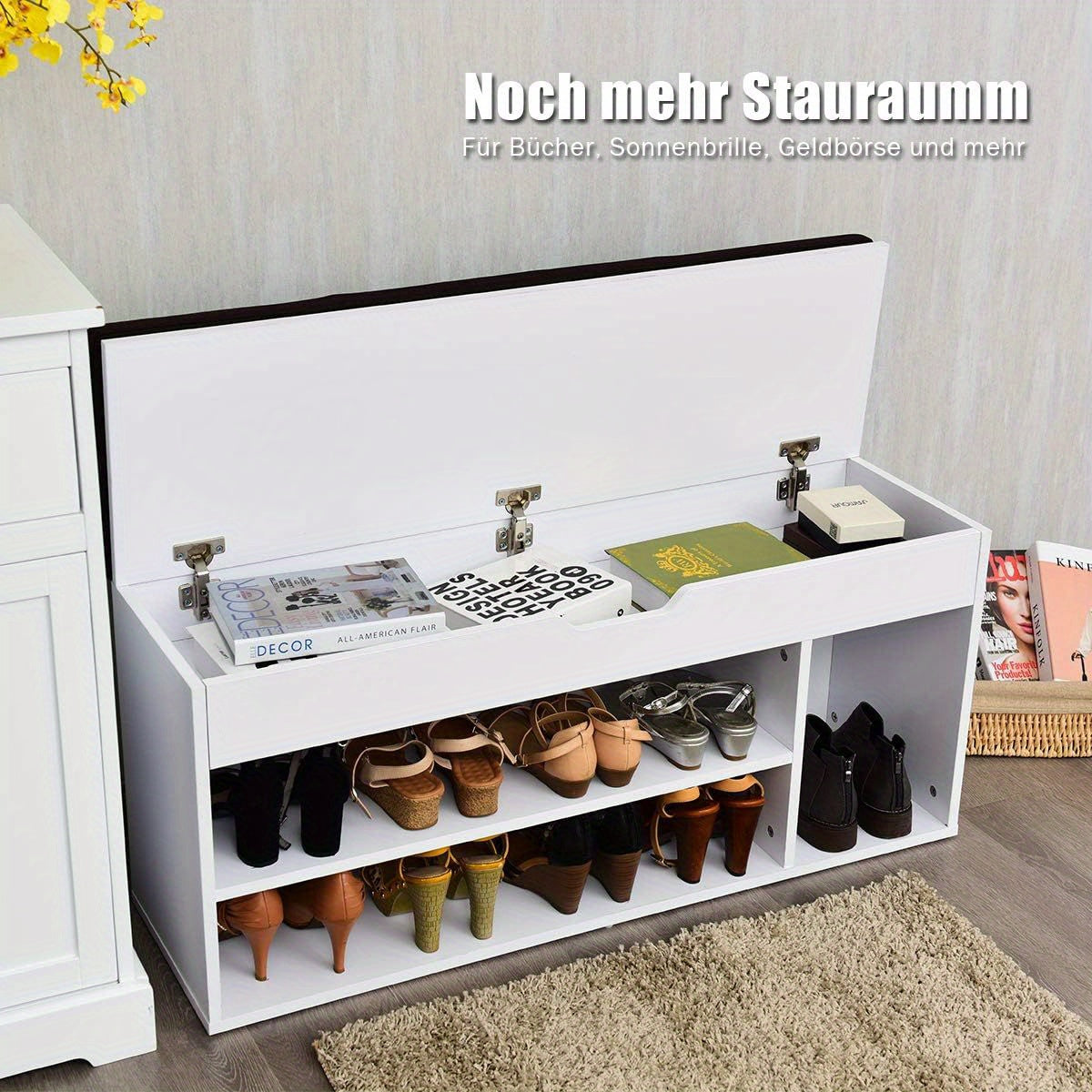 Schoenenbank – Halbank – Schoenenrek – Opbergbank – Schoenenkast – Met Zitkussen – Ruime Opbergruimte – Lichtgrijs Hout 104x30x48 cm