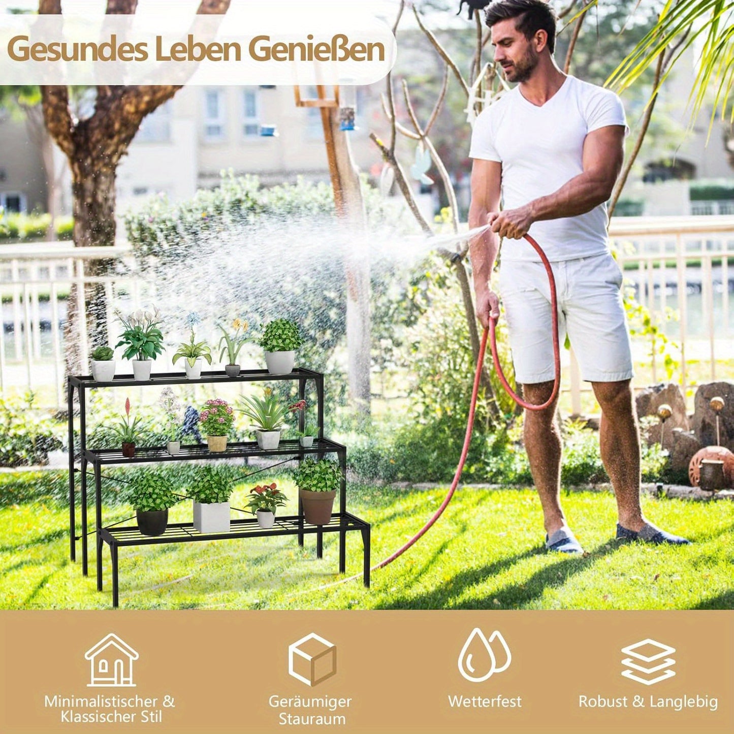 Bloementrap – Bloemenrek – Plantenrek – Plantentrap – Plantenbak – Matzwart – 3-laags Metaal – Weerbestendig & Ruimtebesparend