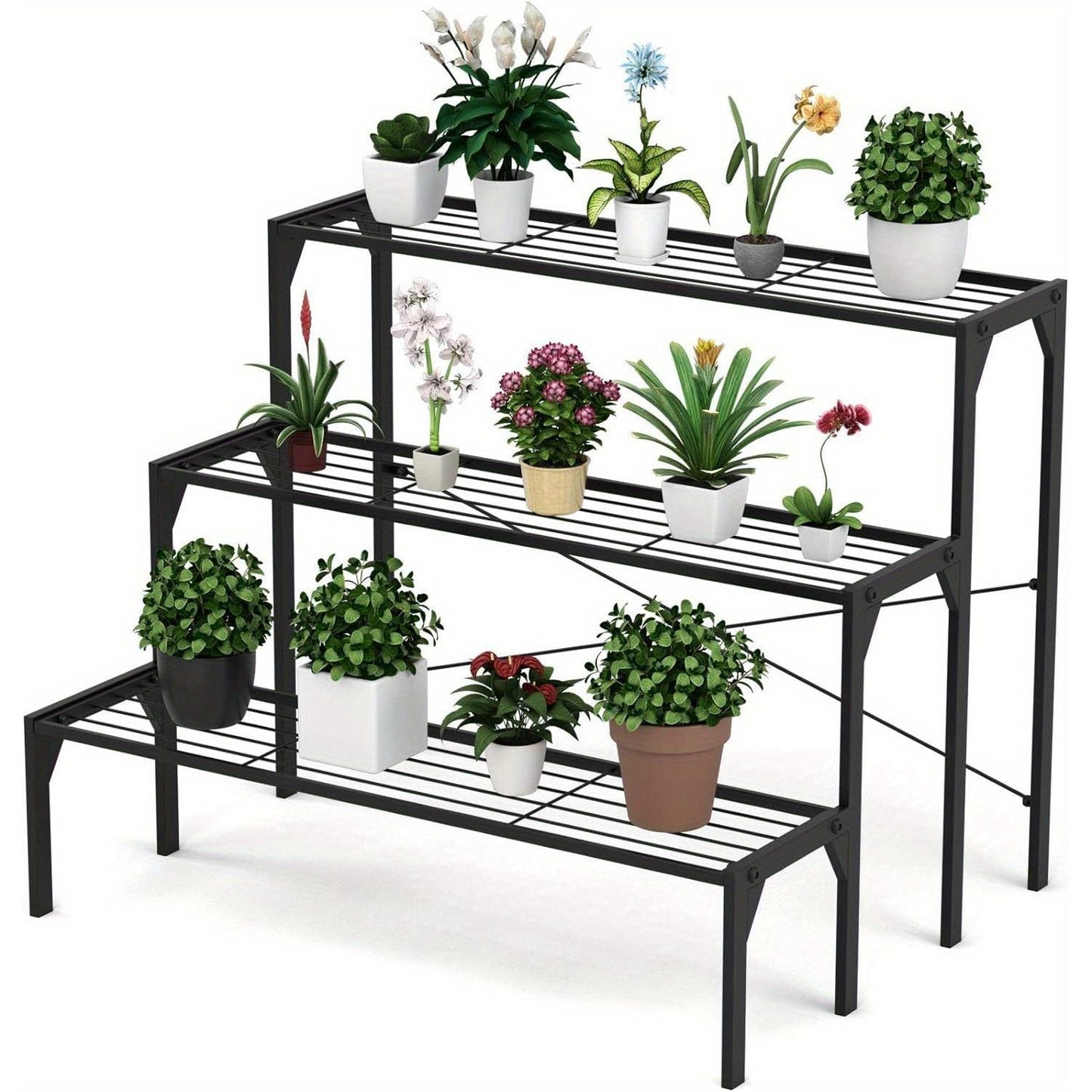 Bloementrap – Bloemenrek – Plantenrek – Plantentrap – Plantenbak – Matzwart – 3-laags Metaal – Weerbestendig & Ruimtebesparend