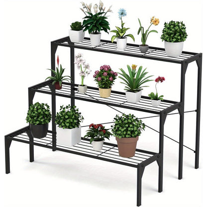 Bloementrap – Bloemenrek – Plantenrek – Plantentrap – Plantenbak – Matzwart – 3-laags Metaal – Weerbestendig & Ruimtebesparend