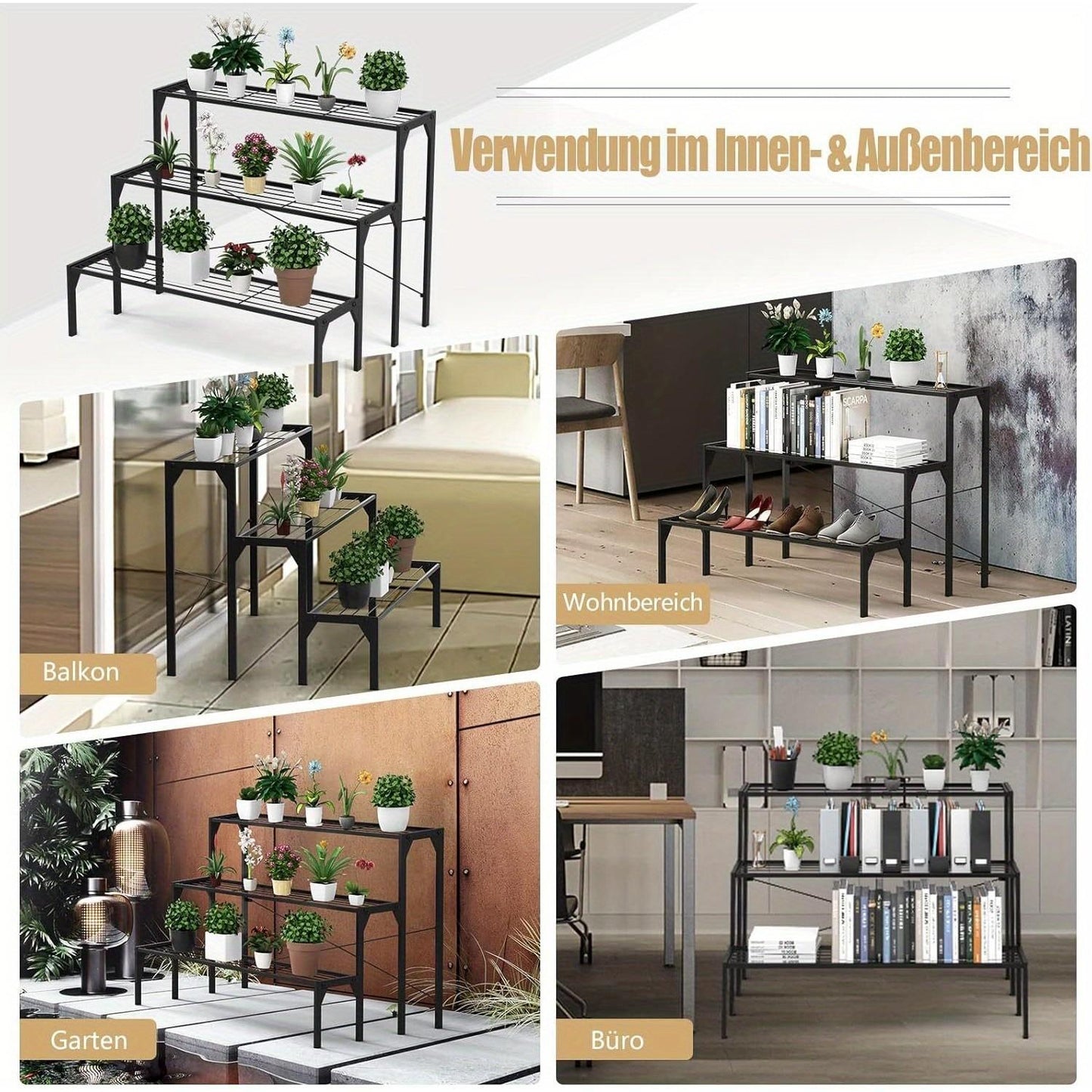 Bloementrap – Bloemenrek – Plantenrek – Plantentrap – Plantenbak – Matzwart – 3-laags Metaal – Weerbestendig & Ruimtebesparend
