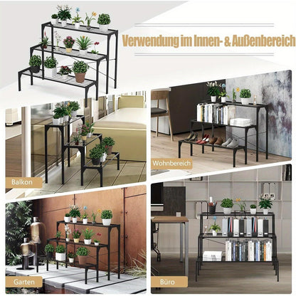 Bloementrap – Bloemenrek – Plantenrek – Plantentrap – Plantenbak – Matzwart – 3-laags Metaal – Weerbestendig & Ruimtebesparend