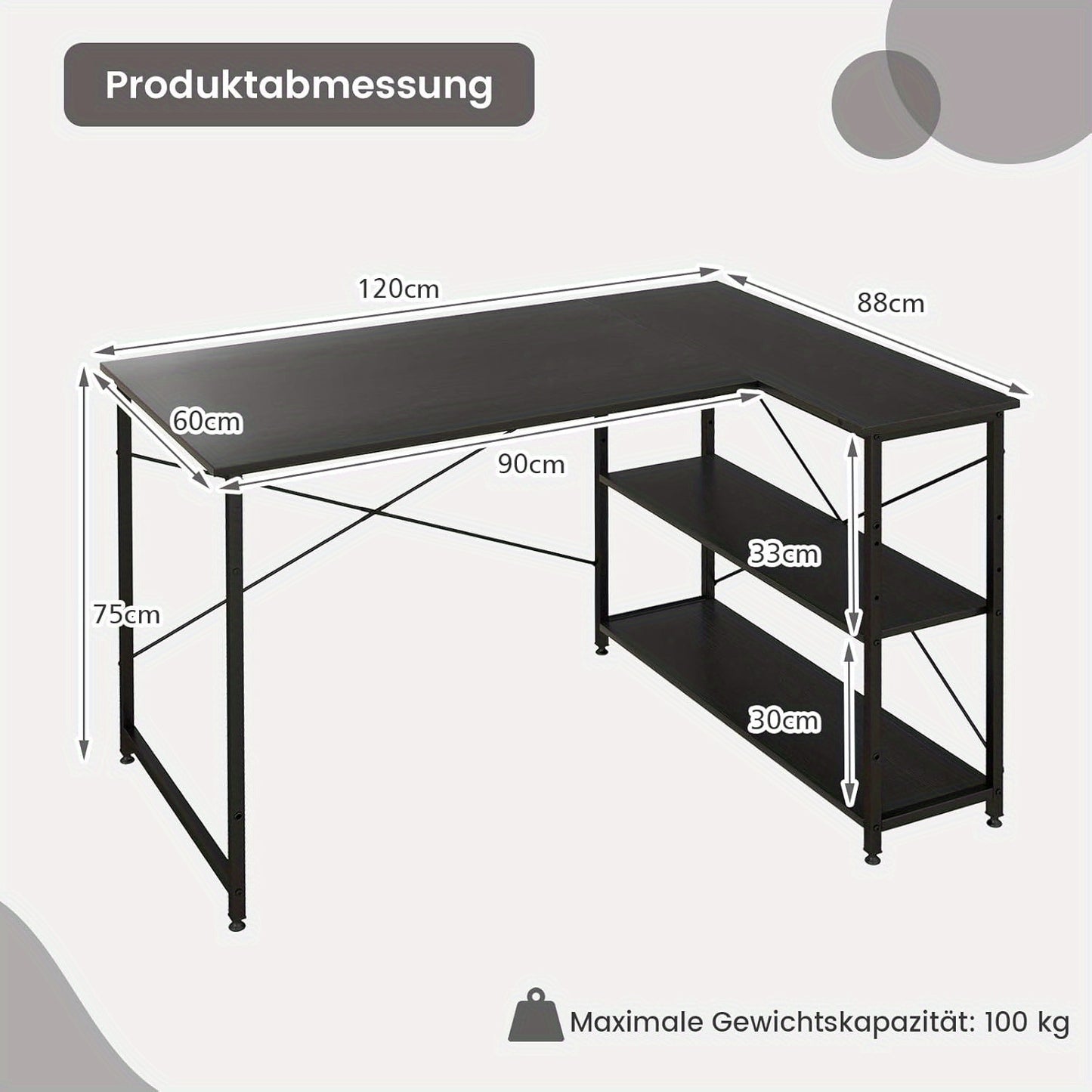 Hoekbureau – L-vormig bureau – Bureau met opbergruimte – Computertafel – Thuiswerkbureau – Compact formaat – Reversible planken – Zwart