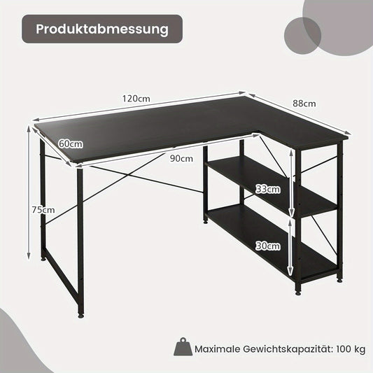Hoekbureau – L-vormig bureau – Bureau met opbergruimte – Computertafel – Thuiswerkbureau – Compact formaat – Reversible planken – Zwart