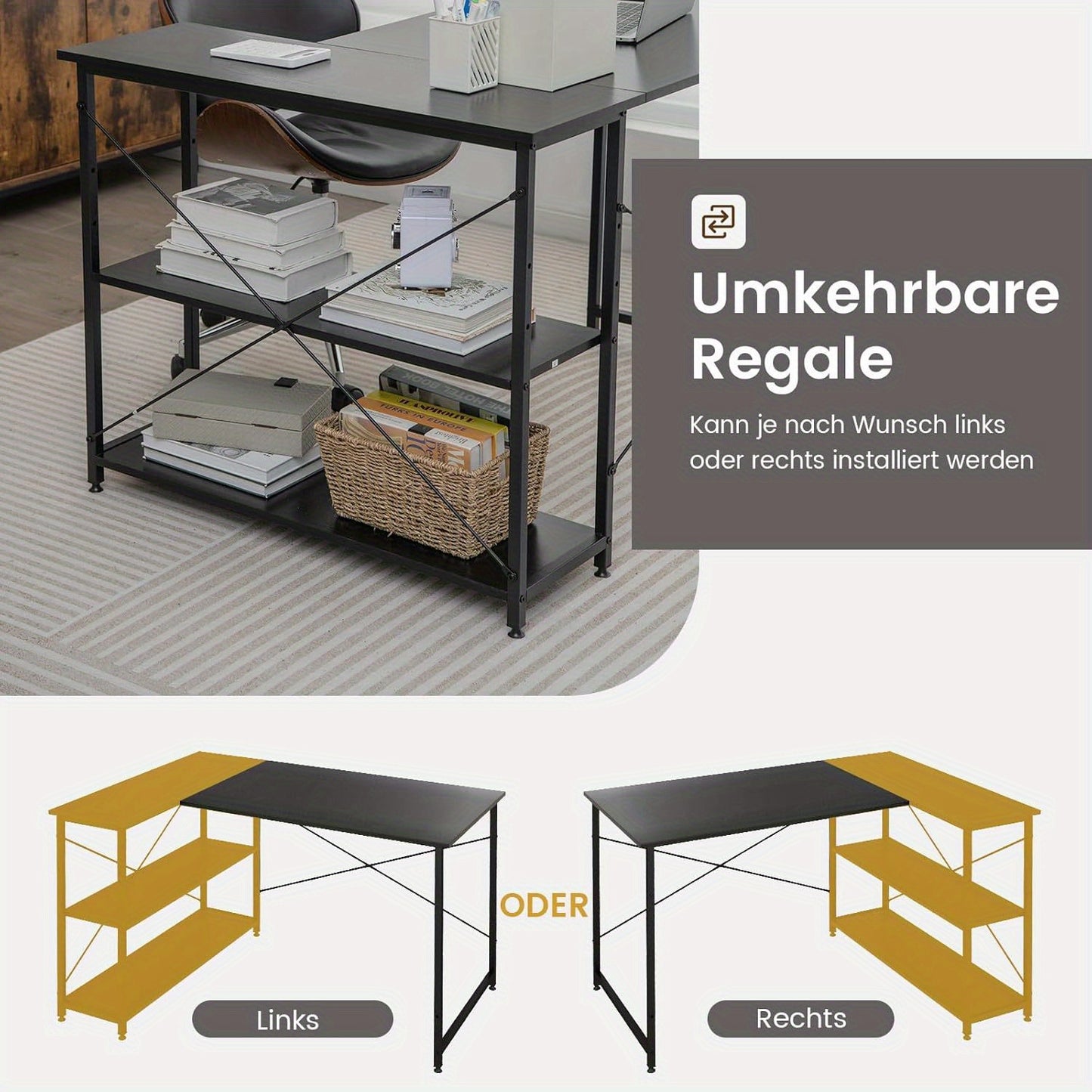 Hoekbureau – L-vormig bureau – Bureau met opbergruimte – Computertafel – Thuiswerkbureau – Compact formaat – Reversible planken – Zwart