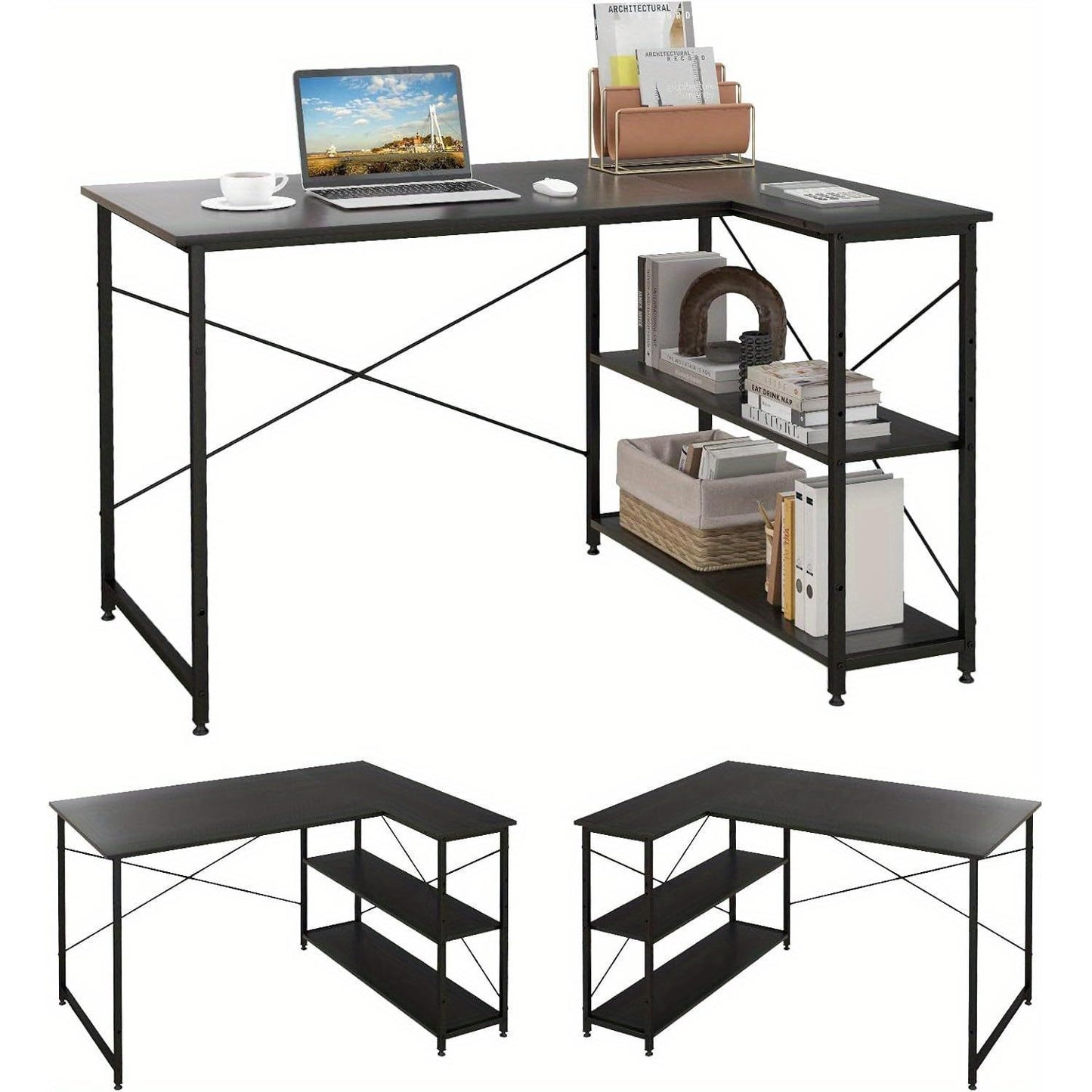 Hoekbureau – L-vormig bureau – Bureau met opbergruimte – Computertafel – Thuiswerkbureau – Compact formaat – Reversible planken – Zwart