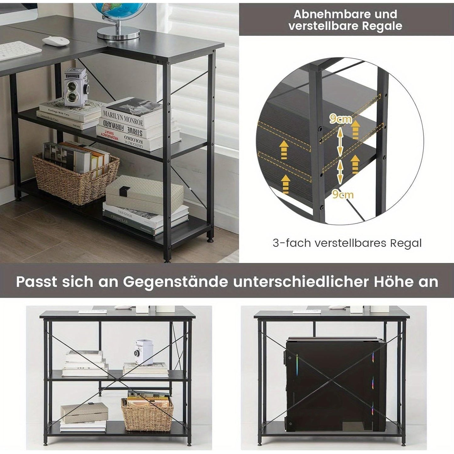 Hoekbureau – L-vormig bureau – Bureau met opbergruimte – Computertafel – Thuiswerkbureau – Compact formaat – Reversible planken – Zwart