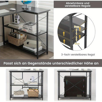Hoekbureau – L-vormig bureau – Bureau met opbergruimte – Computertafel – Thuiswerkbureau – Compact formaat – Reversible planken – Zwart