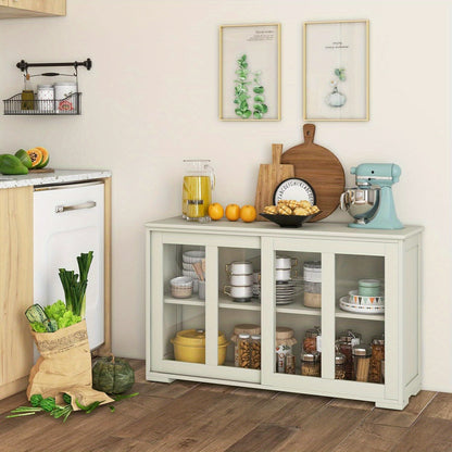 Dressoir – Sideboard – Kast – Opbergkast – Buffetkast – Wit – Schuifdeuren Van Veiligheidsglas – Verstelbare Binnenplank – 107x33x62,5 cm