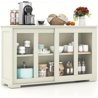 Dressoir – Sideboard – Kast – Opbergkast – Buffetkast – Wit – Schuifdeuren Van Veiligheidsglas – Verstelbare Binnenplank – 107x33x62,5 cm