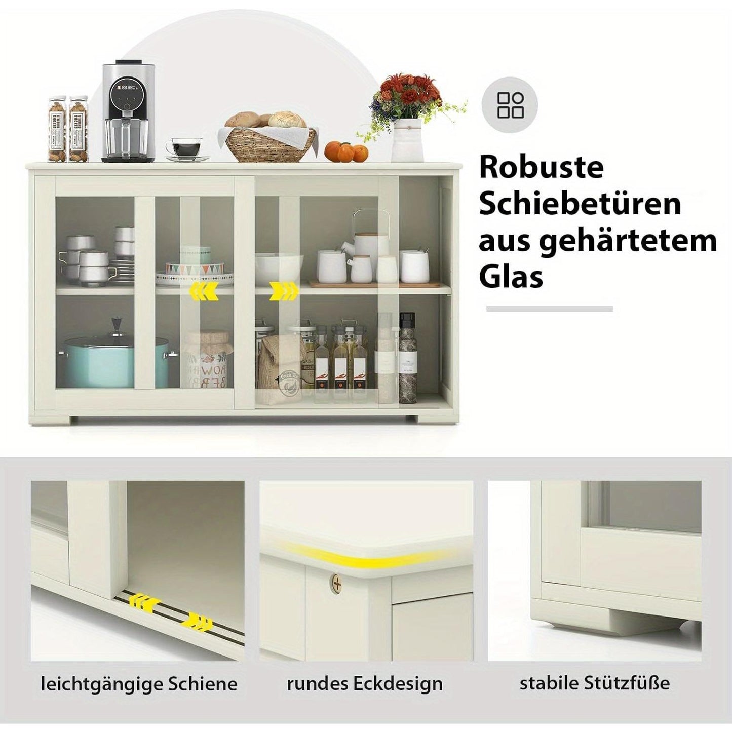 Dressoir – Sideboard – Kast – Opbergkast – Buffetkast – Wit – Schuifdeuren Van Veiligheidsglas – Verstelbare Binnenplank – 107x33x62,5 cm