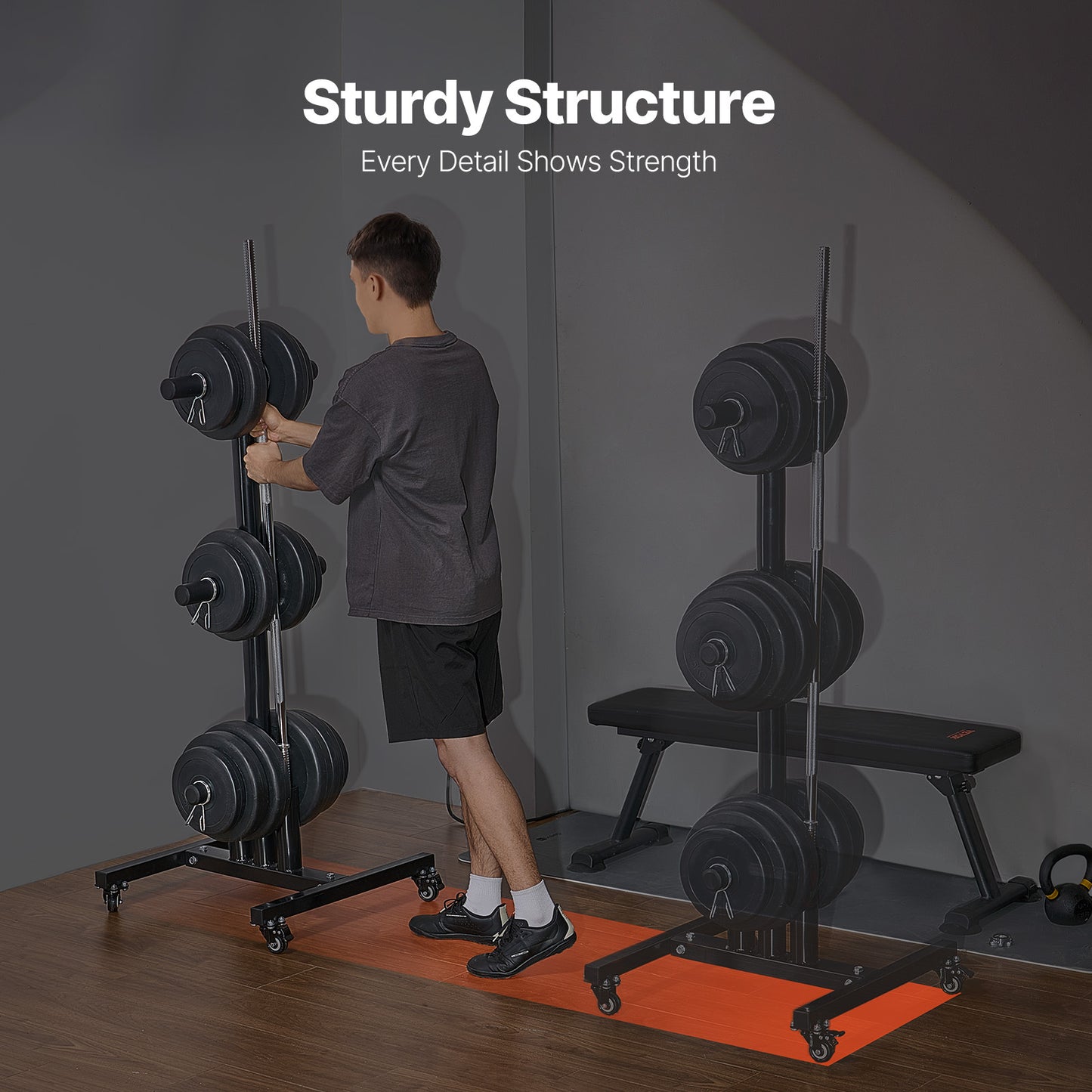 Verticaal Gewichtenschijf Rek – Gewichtshouder – Barbell Rek – Gewichtenschijven Opberger – Fitness Rek – Met Wielen – Robuuste Stalen Constructie – Draagt Tot 450 kg Veilig