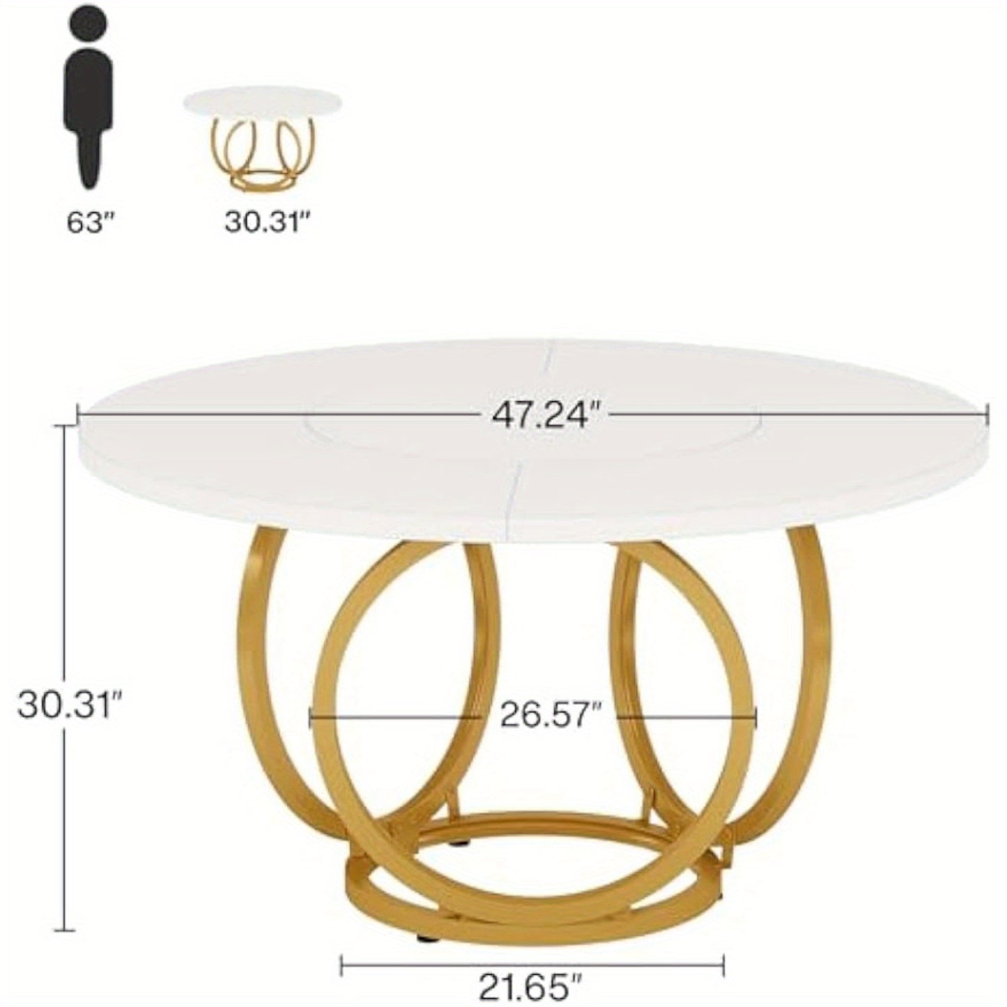 Ronde Tafel – Eettafel – Keukentafel – Koffietafel – Bistrotafel – Wit Kunstmarmerblad – Gouden Metalen Onderstel – 120 cm Diameter – Modern Design