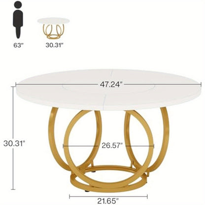 Ronde Tafel – Eettafel – Keukentafel – Koffietafel – Bistrotafel – Wit Kunstmarmerblad – Gouden Metalen Onderstel – 120 cm Diameter – Modern Design