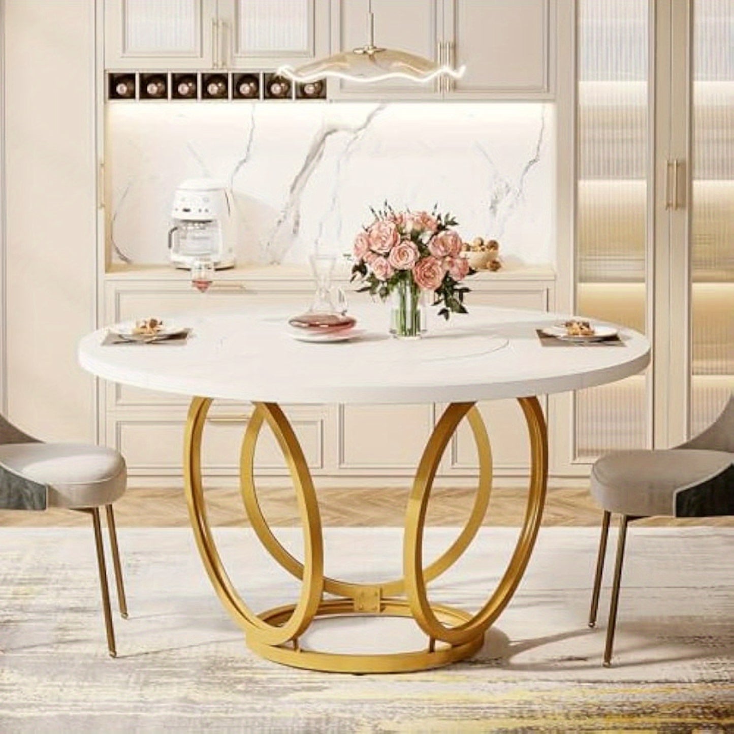 Ronde Tafel – Eettafel – Keukentafel – Koffietafel – Bistrotafel – Wit Kunstmarmerblad – Gouden Metalen Onderstel – 120 cm Diameter – Modern Design