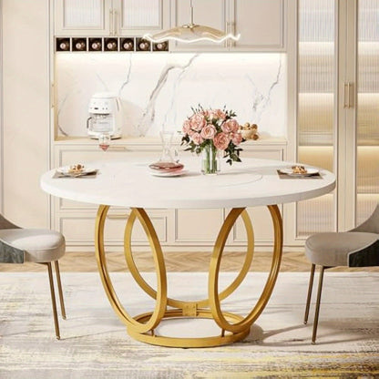 Ronde Tafel – Eettafel – Keukentafel – Koffietafel – Bistrotafel – Wit Kunstmarmerblad – Gouden Metalen Onderstel – 120 cm Diameter – Modern Design