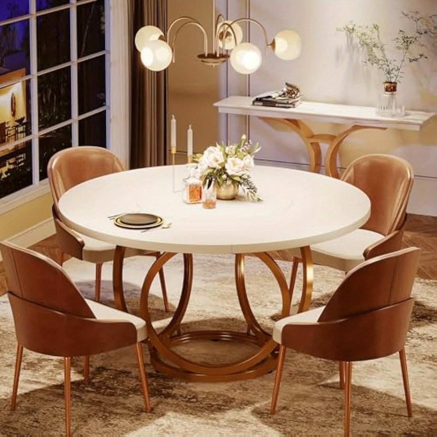 Ronde Tafel – Eettafel – Keukentafel – Koffietafel – Bistrotafel – Wit Kunstmarmerblad – Gouden Metalen Onderstel – 120 cm Diameter – Modern Design