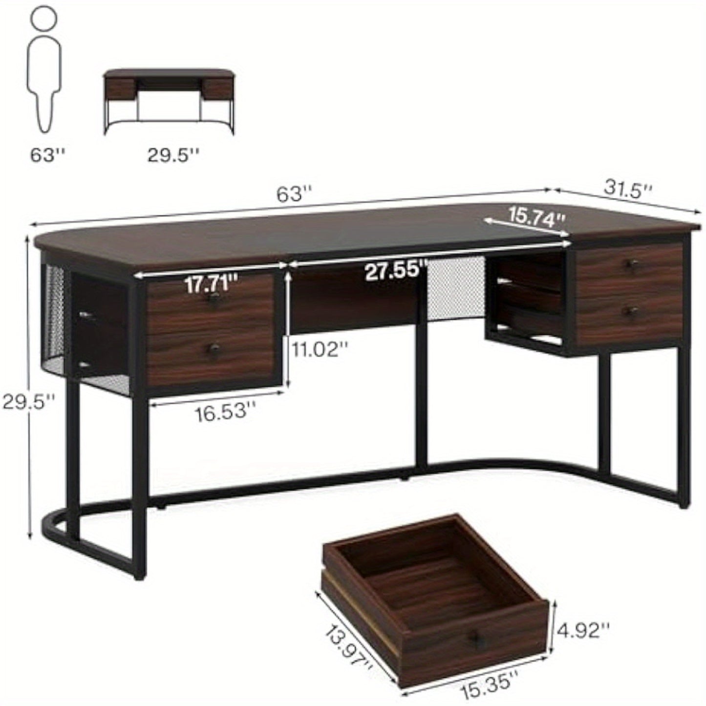 Bureau – Computertafel – Werkplek – Kantoormeubel – Schrijftafel – 160 cm Breed – 4 Laden – Donker Walnoot & Zwarte Accenten