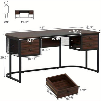 Bureau – Computertafel – Werkplek – Kantoormeubel – Schrijftafel – 160 cm Breed – 4 Laden – Donker Walnoot & Zwarte Accenten