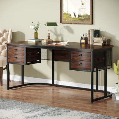 Bureau – Computertafel – Werkplek – Kantoormeubel – Schrijftafel – 160 cm Breed – 4 Laden – Donker Walnoot & Zwarte Accenten