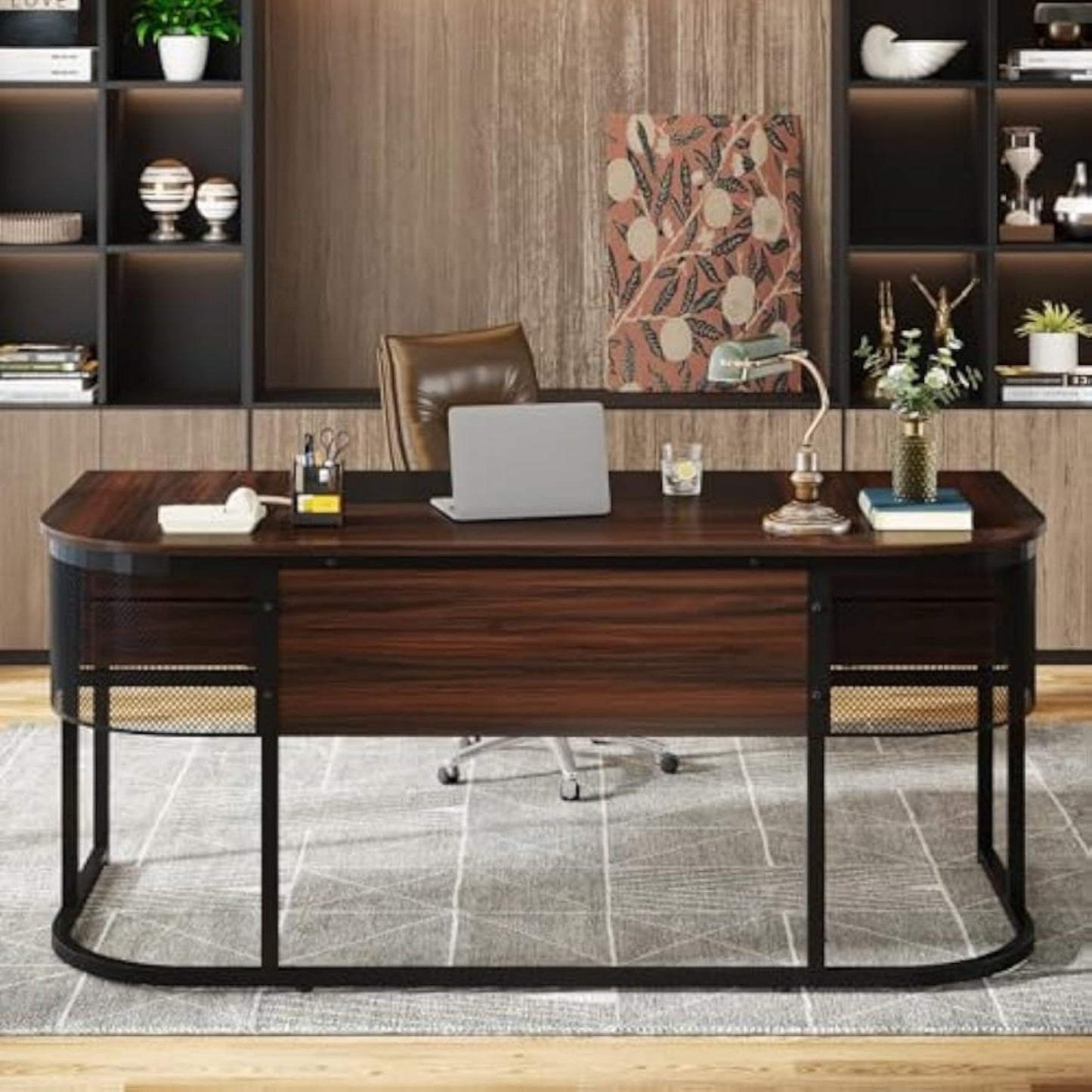 Bureau – Computertafel – Werkplek – Kantoormeubel – Schrijftafel – 160 cm Breed – 4 Laden – Donker Walnoot & Zwarte Accenten