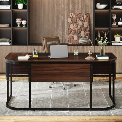 Bureau – Computertafel – Werkplek – Kantoormeubel – Schrijftafel – 160 cm Breed – 4 Laden – Donker Walnoot & Zwarte Accenten