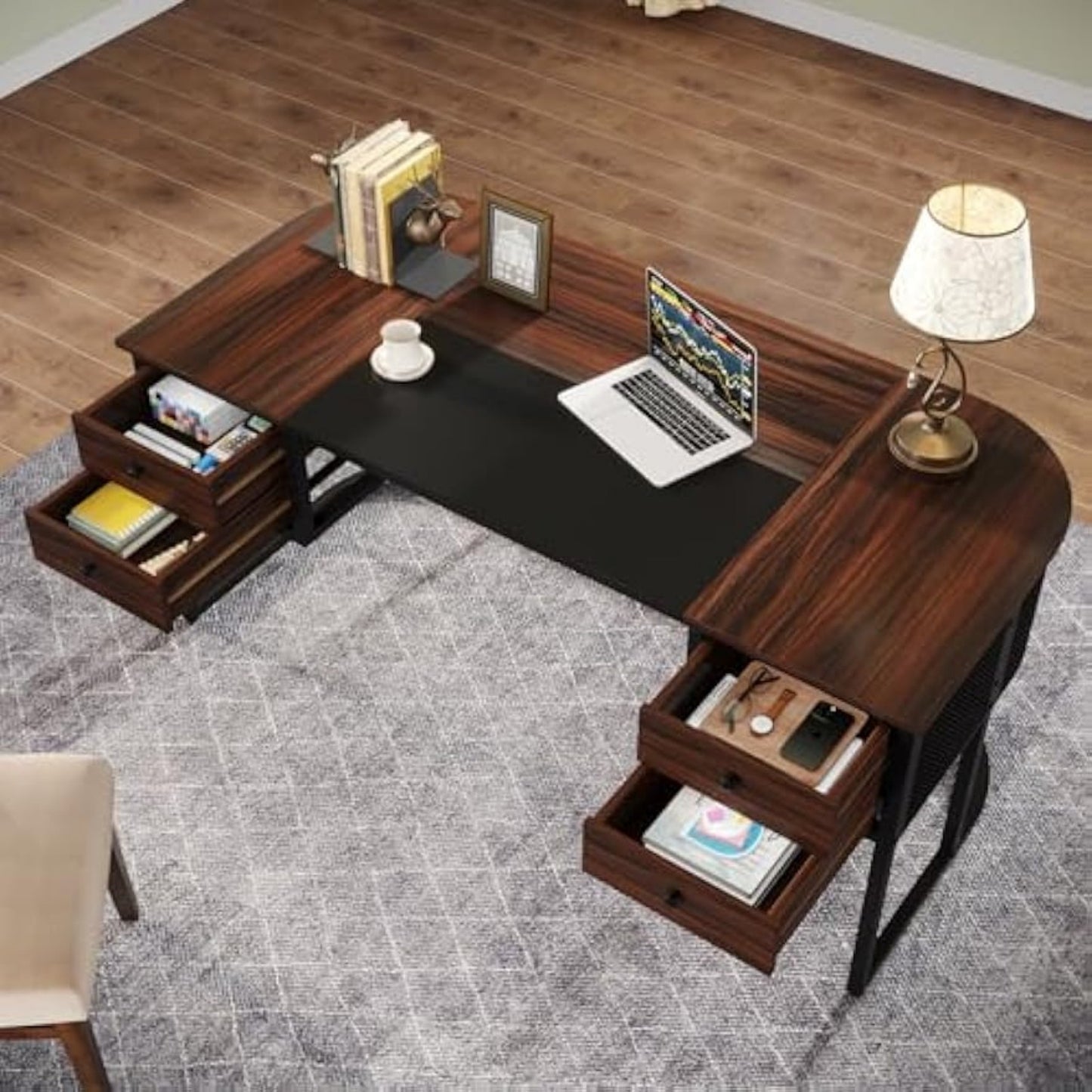 Bureau – Computertafel – Werkplek – Kantoormeubel – Schrijftafel – 160 cm Breed – 4 Laden – Donker Walnoot & Zwarte Accenten
