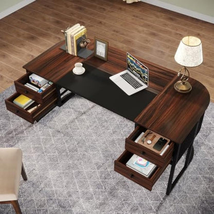 Bureau – Computertafel – Werkplek – Kantoormeubel – Schrijftafel – 160 cm Breed – 4 Laden – Donker Walnoot & Zwarte Accenten