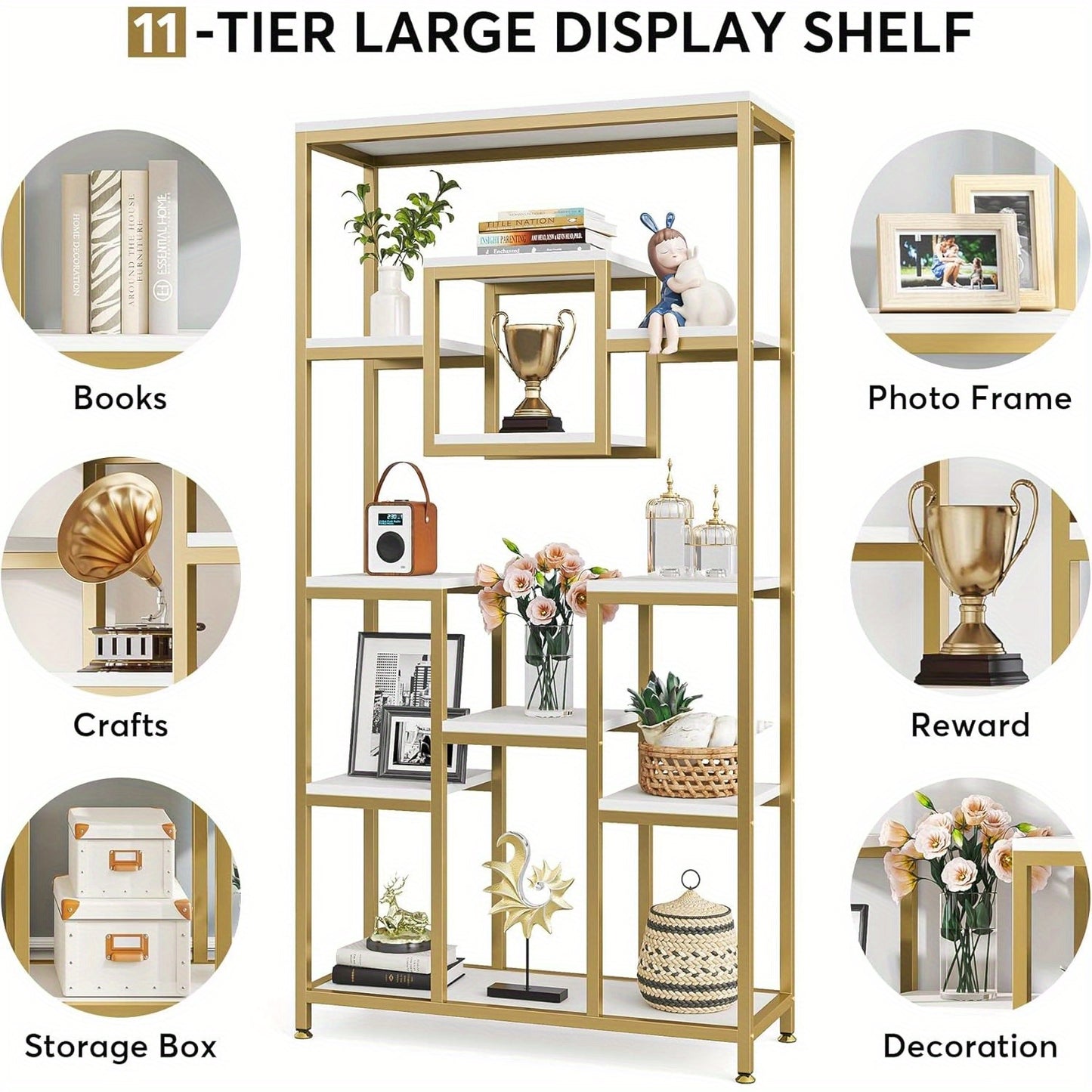 Boekenkast – Boekenrek – Opbergkast – Open Kast – Vakkenkast – 11 Lagen – Gouden Metaal – 180 cm Hoog