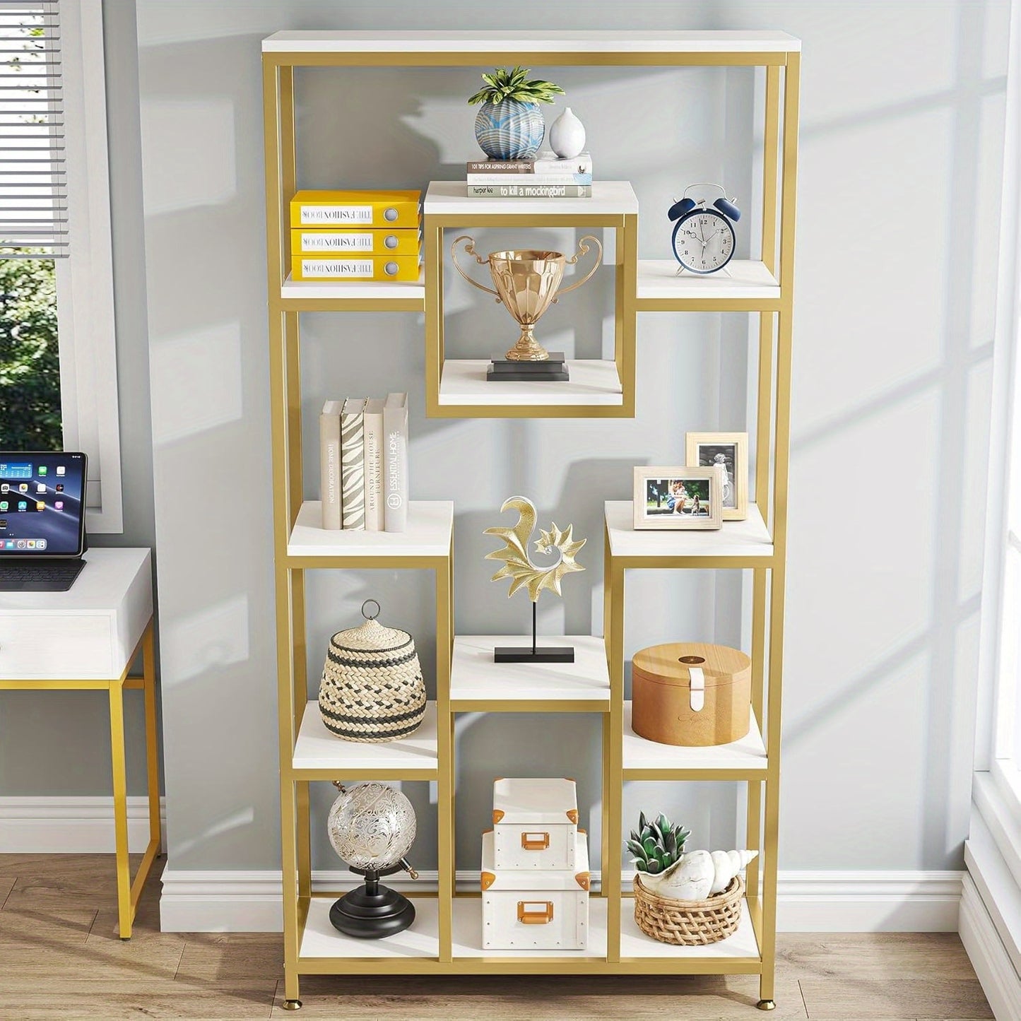 Boekenkast – Boekenrek – Opbergkast – Open Kast – Vakkenkast – 11 Lagen – Gouden Metaal – 180 cm Hoog
