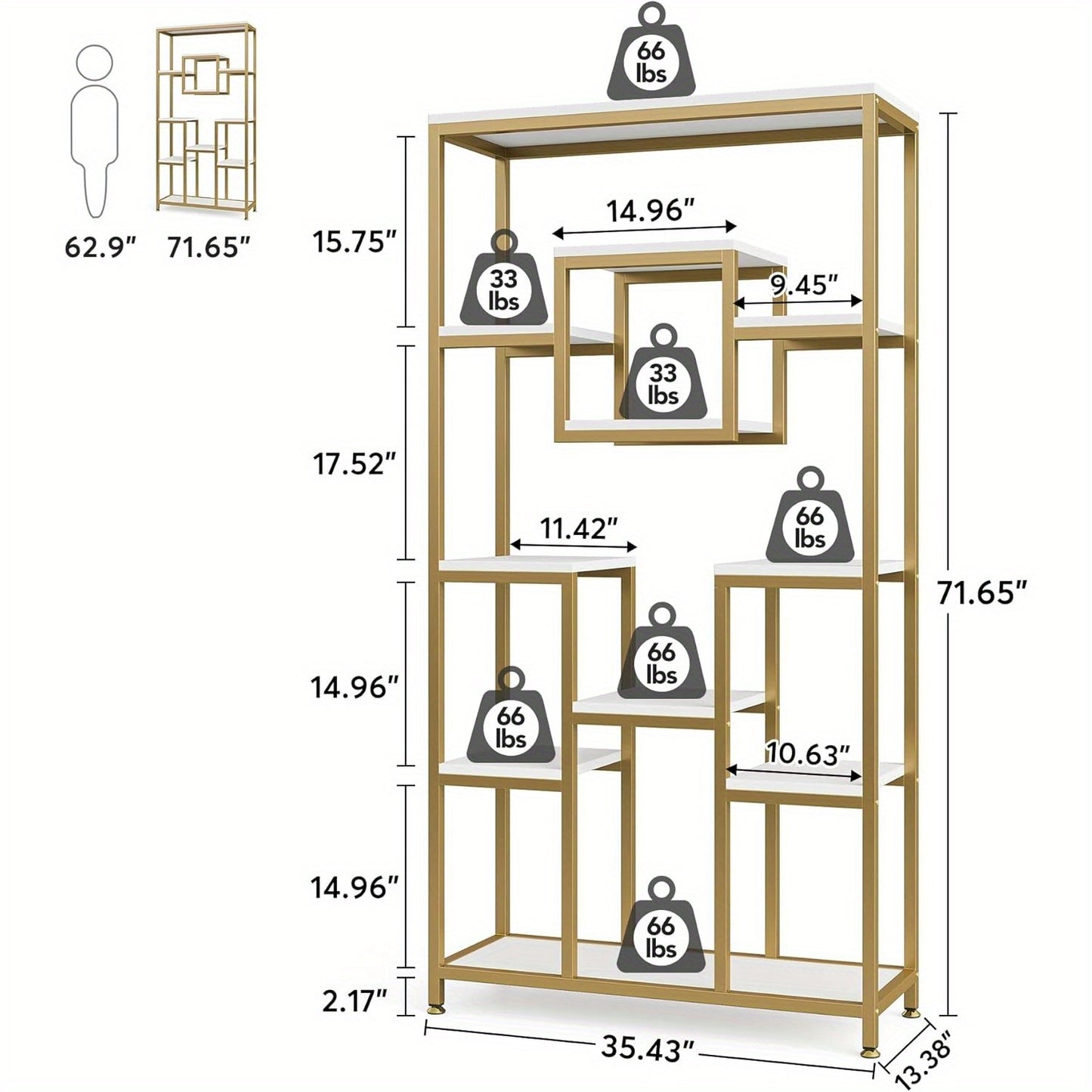Boekenkast – Boekenrek – Opbergkast – Open Kast – Vakkenkast – 11 Lagen – Gouden Metaal – 180 cm Hoog