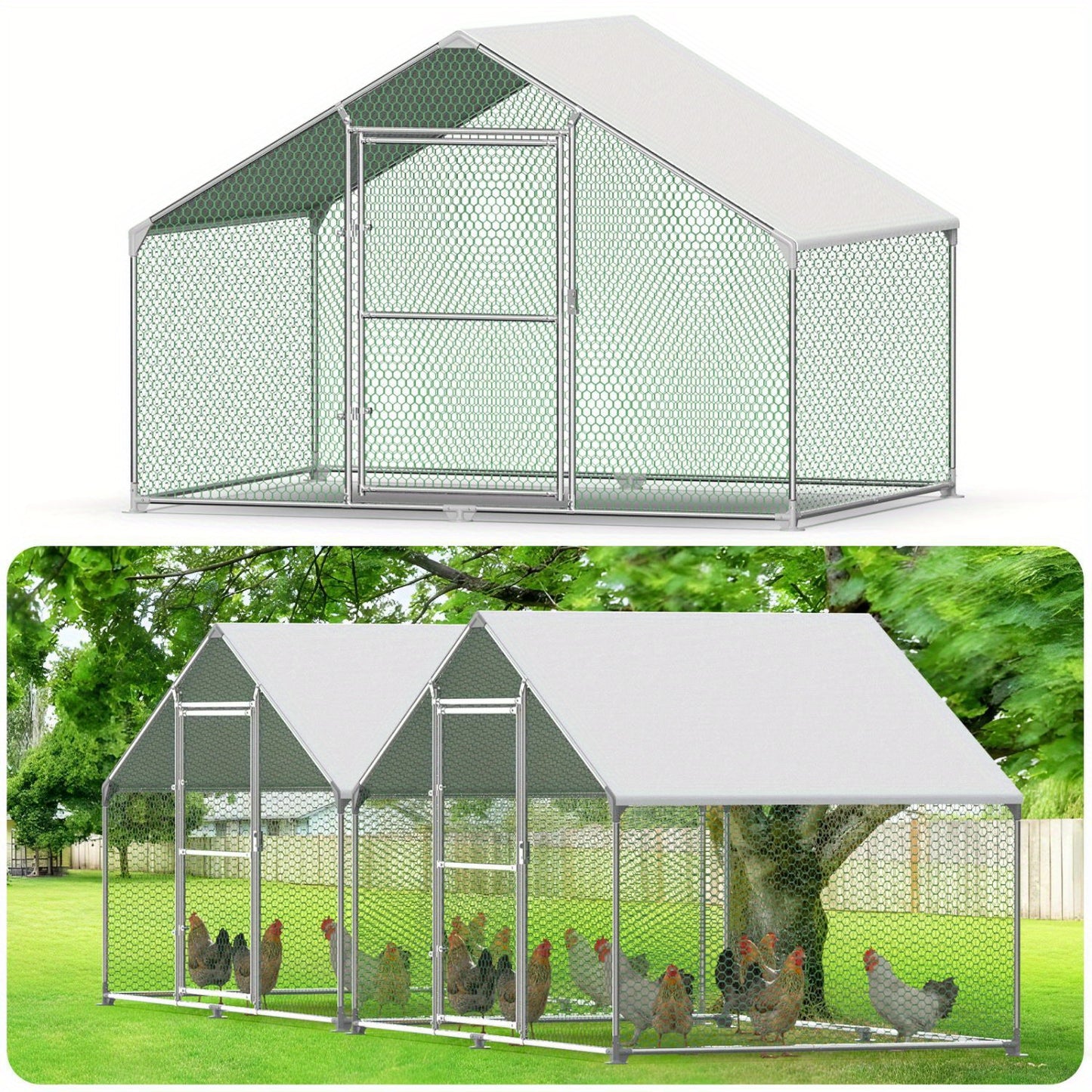 Kippenhok – Kippenhuis – Pluimveehok – Dierenhok – Buitenren – Gegalvaniseerd Stalen Frame – Waterdicht PE Dak – 3x2x2 Meter