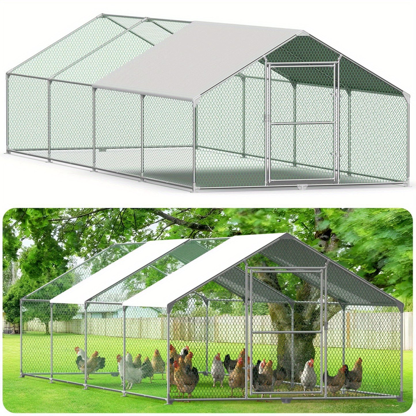 Kippenhok – Kippenren – Pluimveestal – Dierenverblijf – Buitenren – Gegalvaniseerd Stalen Frame – Waterdicht PE Dak – 3x8x2m