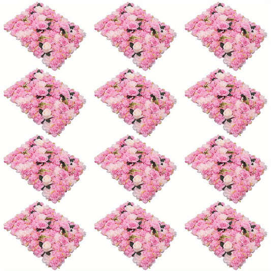Kunstbloemenpaneel – Bloemenwandpaneel – Nepbloemenwand – Sierbloemenpaneel – Zijde Bloempanelen – 12 stuks – Weerbestendig & 60x40 cm – Roze
