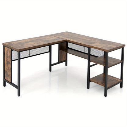 Hoekbureau – L-vormig Bureau – Computerbureau – Bureautafel – Werkplek – Rustiek Bruin – Industrieel Design – 150x140 cm – Met Opbergruimte